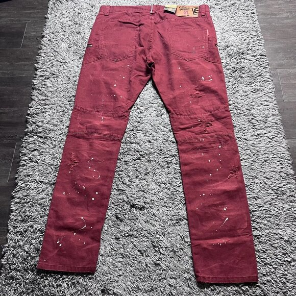 Square Zero Jeans Mens 36x33 Red Denim Distressed Biker Slim Paint Zipper Logo - Picture 2 of 16